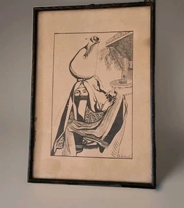 Dessin Ancien Original Orientaliste Figure Feminine Tableau Encadré Signé - Picture 1 of 14