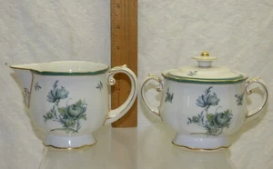 Royal Bayreuth TEAL TULIP Creamer & Sugar Bowl w/ Lid Set Germany Vtg Green Gold - Picture 1 of 10
