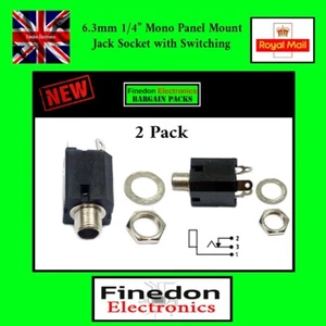 2 x 1/4 Inch 6.35mm Mono Panel Mount Chassis Female Jack Socket with Switching - Picture 1 of 4