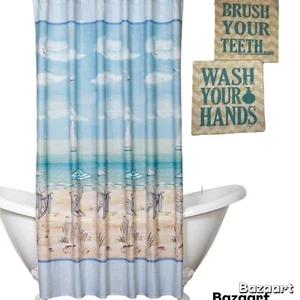 New 3 pc beach theme bathroom set Fabric Shower Curtain With 2 signs - Picture 1 of 12