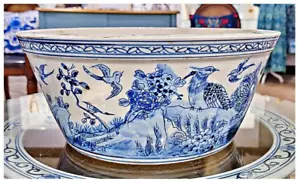 Blue, White Porcelain Chinoiserie Decorative Bowl. Hand Painted Birds-13.5”D - Picture 1 of 5