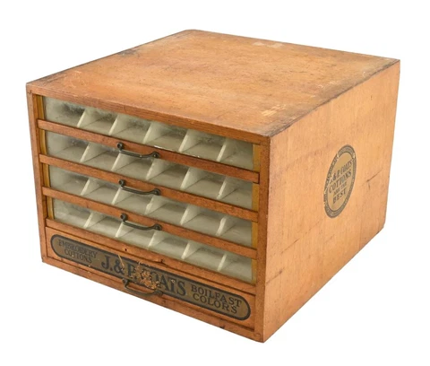 Atq J&P COATS SEWING SPOOL OAK 5 Drawer Cabinet Cover