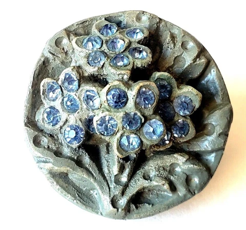 Large Grey Plaster Vintage Button with Dimensional Blue Paste Flowers…1&5/16" Cover
