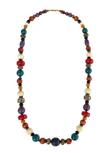 Vintage Dauplaise Multicolored Necklace Wooden, ? Ceramic, & Gold-Toned Beads - Picture 1 of 3