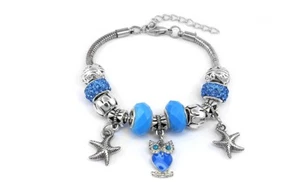 18K White Gold Plated Blue Crystal Owl Charm Bracelet Made With Swarovski - Picture 1 of 2
