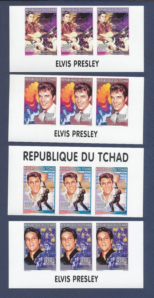 CHAD - Scott 658, 662, 664, 667 - cuatro tiras MNH S/S de tres - ELVIS - 1996 -c Foto 1 de 1