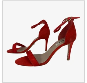 Dune Mortimer Red Suede Ankle Strap Mid Heel Sandals Shoes EU39 UK8M - Picture 1 of 8