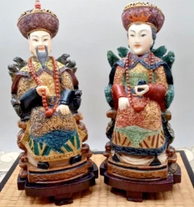 Vintage Chinese Resin Figurines Emperor & Empress On Thrones 9" Hand Painted - Picture 1 of 4