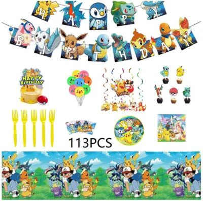 Kids Party Decoration Set Pokemon Birthday Supplies Tableware Banner Balloon - image 1 of 4