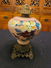 Antique Vintage Pink Glass Hand Painted Floral Design Kerosene Oil Lamp Base 12"