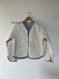 XXL Floral White Print Cotton Quilted Jacket Indian Vintage Reversible Jacket - Picture 1 of 5