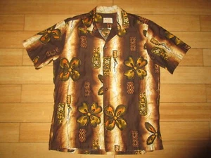 Vintage 1960s UI MAIKAI HAWAIIAN SHIRT Large HAWAII ALOHA GOLD PRINT FLORAL TIKI - Picture 1 of 10