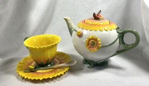 PRE-OWNED PIER 1 ONE SUNFLOWER TEAPOT WITH LID CUP SAUCER SPOON NO BOX - Picture 1 of 18