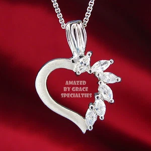 Marquise Volutes Satin Collier Coeur En Solide 925 Argent Sterling - Neuf - Picture 1 of 3