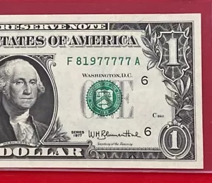 1977 $1 Dollar Fancy Serial Number Lucky 77777-5 In A Row ( Atlanta F) UNC - Picture 1 of 3
