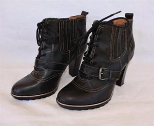 Sofft Windsor Black Leather Heel Ankle Boots Booties Sz 6.5 M Strap Lace Up - Picture 1 of 19