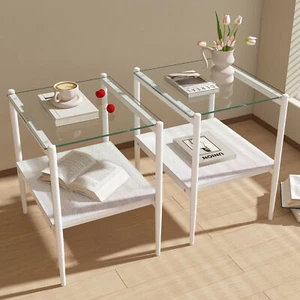 Set of 2 Rectangle End Table,Tempered Glass Tabletop with MDF layer,Modern Tabl - Picture 1 of 15