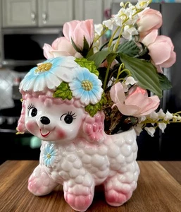 Vintage Ceramic Kitchy Relpo Lamb Planter with White & Blue Daisy Flowers Japan - Picture 1 of 12