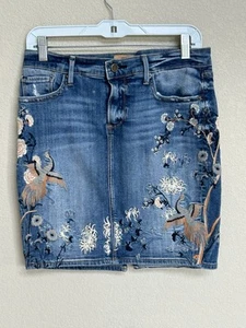 DRIFTWOOD Kate minigonna jeans denim ricamata floreale taglia 26 uccellini floreali - Foto 1 di 6