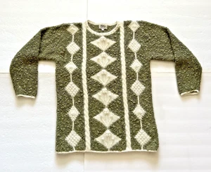 Ellen Classic Knits VTG Long Cozy Sweater Green Ivory Long Sleeve Wool Blend - Picture 1 of 13