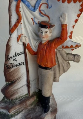 Antique Bisque Mountain Climbing Group Figural Vase w/ Masonic Group Logo Or? - Image 1 of 4