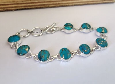 Blue Copper Turquoise Bracelet 925 Sterling Silver Handmade Boho Jewelry MO5118 - Image 1 of 4