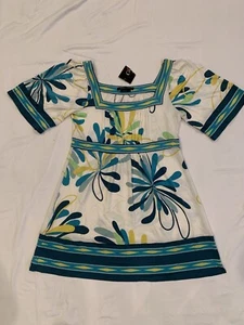 BCBG  Mini Babydoll Dress Floral Green Blue Yellow Flowers Size M - Picture 1 of 8