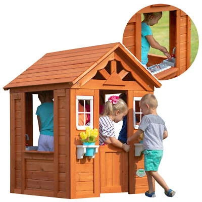 Kids Wooden Playhouse w/ Windows Door Cedar Wood Toddler Child Outdoor Backyard - Image 1 of 4