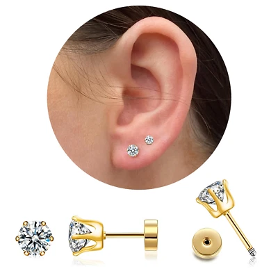 5Mm CZ Stud Earrings 14K Gold Stud Earrings,Flat Back Cubic Zirconia Earrings fo — 第 1/4 张图片