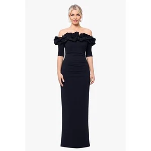 NWT Xscape Isla Long Crepe Off the Shoulder Ruffle Dress - size 2P - Picture 1 of 8