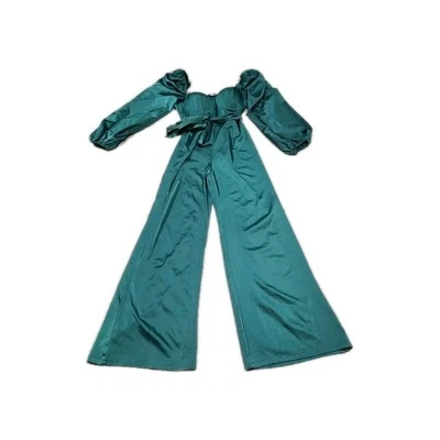 Fashion Nova Womens M Venice Satin Wide Leg Jumpsuit Green Corset LongSleeve NWT - Image 1 of 4