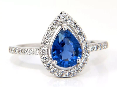IGL&I Certified Pear Cut  4Ct Natural Sapphire &Diamond Real 14k White Gold Ring - Image 1 of 4