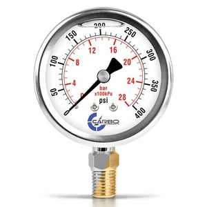 2.5" LIQUID FILLED PRESSURE GAUGE 0 - 400 PSI, STAINLESS STEEL CASE LOWER MOUNT - Picture 1 of 6