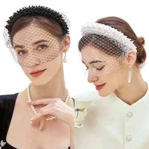 Womens Pearl Birdcage Veil Headband Vintage Bridal Wedding Party Netting Veil - Picture 1 of 14