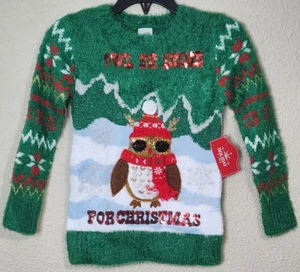 Holiday Time Girls' Green Owl Be Home For Christmas Sweater Size XS (4-5) NEW - Picture 1 of 10