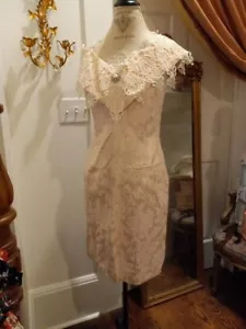 VTG 1980's SCOTT MCCLINTOCK Pink Brocade/Lace Off Shoulder Wiggle DRESS..Sz 14 - Picture 1 of 11