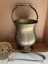 Vintage hand made floral engraved brass basket cooler ice bucket pot W/Ice Tongs