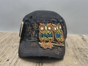 Women's Jeweled Owl's Hat Cap Short Bill Adjustable Black Army Style - Brand New - Picture 1 of 8
