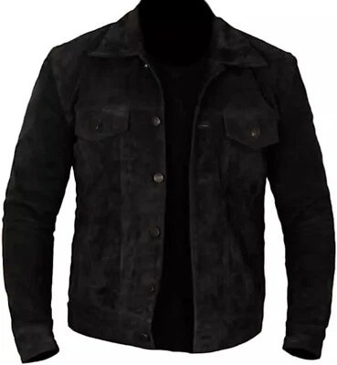 Men's 100% Real Suede Leather Black Trucker Jacket Fashion Biker Buttoned Coat - Image 1 of 4