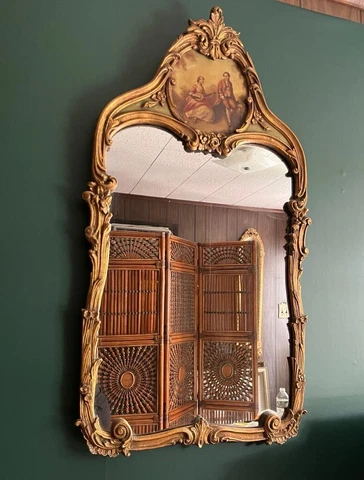 Antique Giltwood Ornated Framed Trumeau Mirror Wall Art Signed Painted Mirror Cover