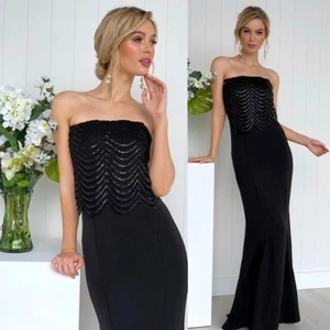 Women Maxi Lace Dress Size 14 Black Boobtube Long Formal Bridesmaid Prom Evening - Picture 1 of 6