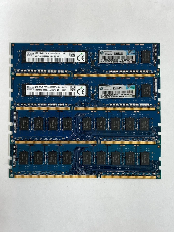 HP 647657-071 16GB 4x4GB PC3L-10600E HMT351U7EFR8A-H9 ECC Unbuffered Ram - Image 1 of 1