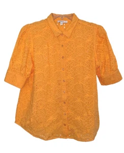 Chicos Short Sleeve Size 2 Button Up Top Tangerine Pineapples w/Eyelets EUC+++++ - Picture 1 of 2