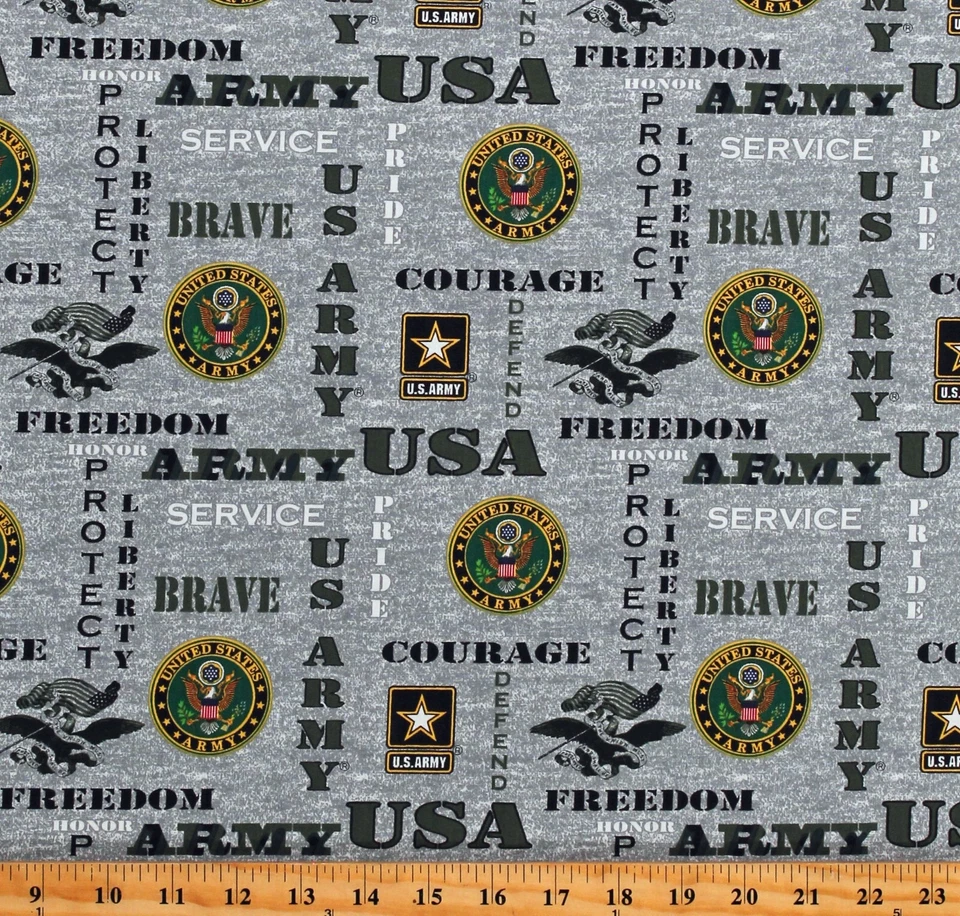 Army Logo On Heather Grey-Military Print 100 Cotton Sykel Enterprises-BTY