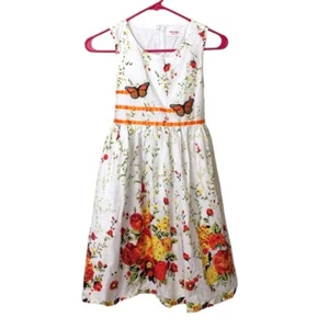 Sunny Fashion Girls Dress Floral Embroider Butterfly Size 11/12 White Orange - Picture 1 of 8