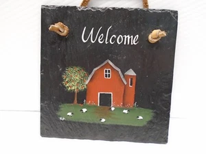 Slate Welcome Sign Farm Décor Hand Painted 5.75x5.75 in Barn Tree Sheep - Picture 1 of 5