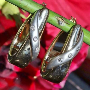 14k multi tone gold earrings 0.06ct natural diamond 1.25" hoop 5.10gr N3658 - Picture 1 of 24