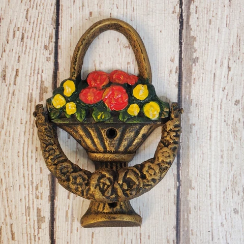 Vintage Cast Iron Hand Painted Door Knocker featuring basket of flowers Cover