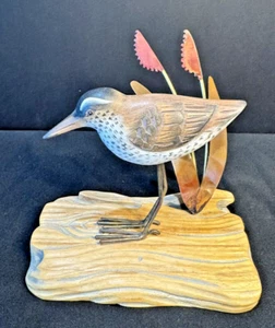 Carved Bird on Wood Folk Art Figurine with Copper Leaves Handpainted Beautiful! - Picture 1 of 4