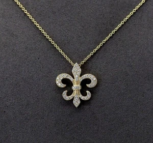 1.30 Ct Round Lab Created Diamond Fleur-de-lis Pendant 14k Yellow Gold Plated - Picture 1 of 5